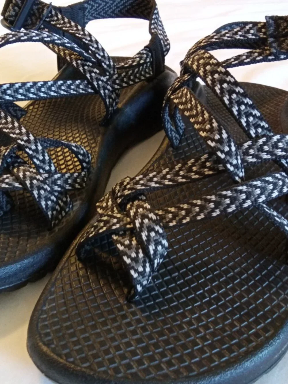 Women's Chaco strapoy sandals, blac, white and grey, size 6, pre-owned